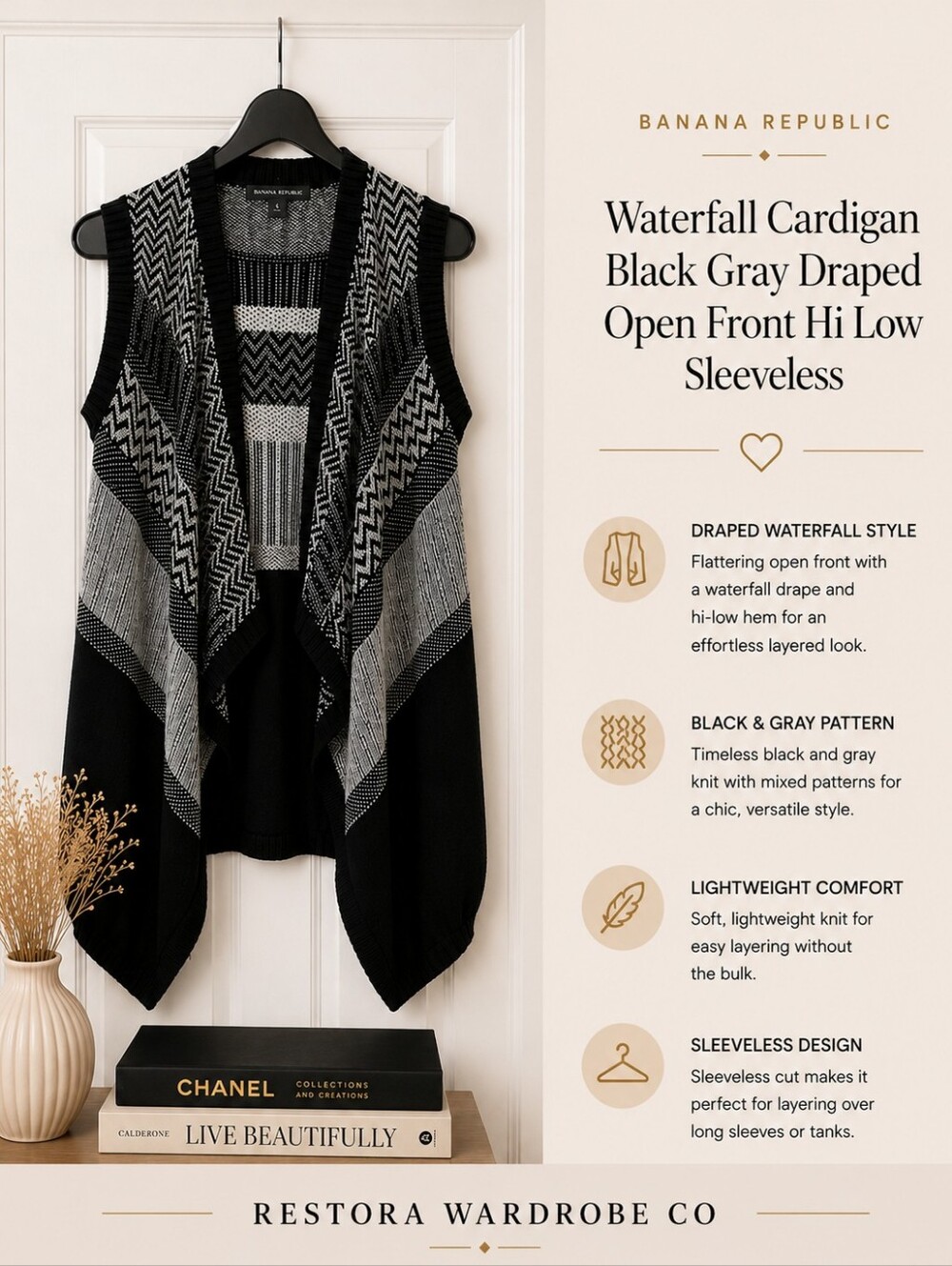 Banana Republic Waterfall Cardigan Black Gray Draped Open Front Hi Low Sleeveles